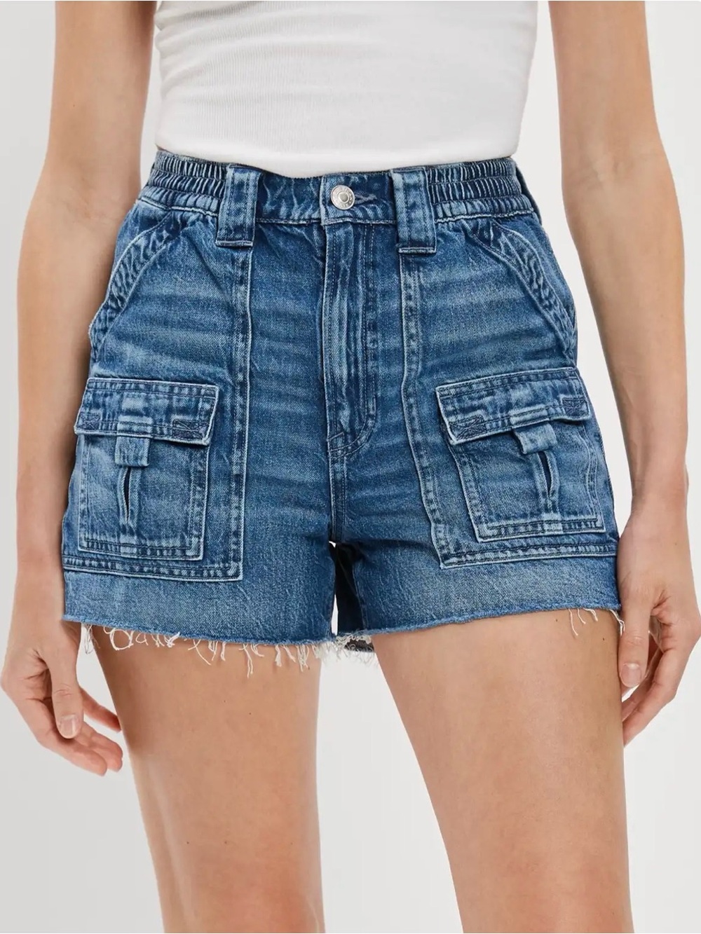 American Eagle Outfitters Mid-Rise Cargo Denim Shorts - Blue